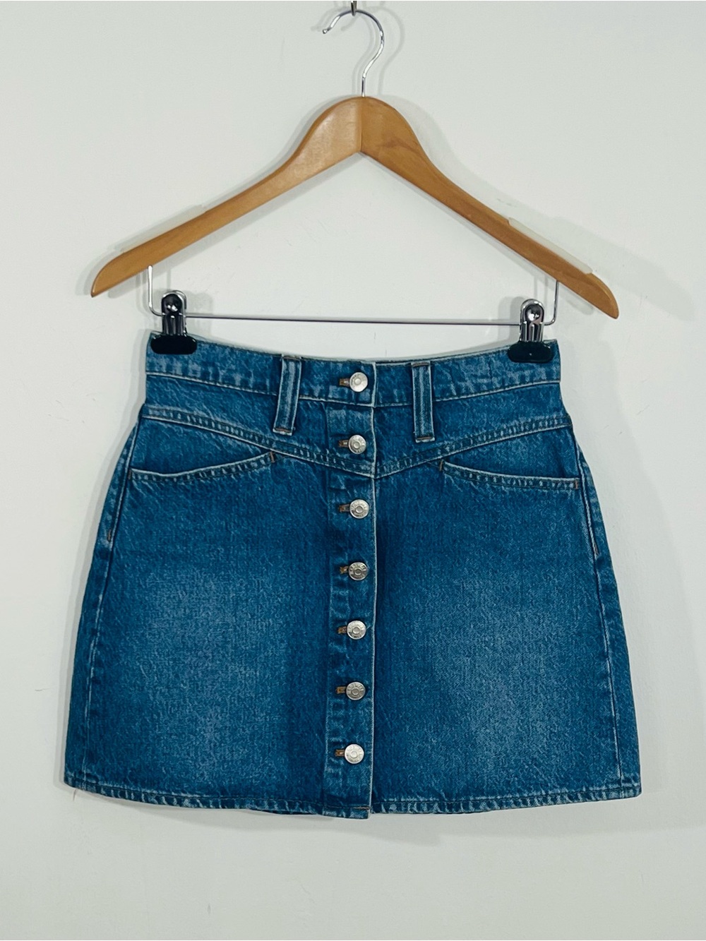 Madewell Stretch Denim A Line Mini Jean Button Front Skirt Preppy Casual Size 25